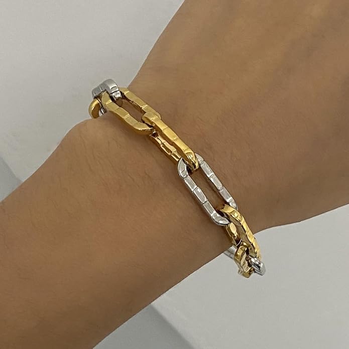 Fashion 18K Gold Stainless Steel Non-Fading Jewelry Gold and Silver Mix-and-Match Two-Tone Chain Women's Bracelet