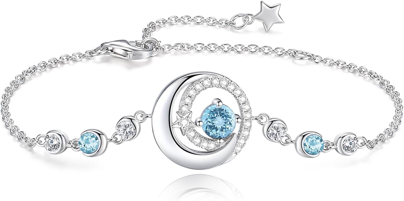 FANCIME Birthstone Bracelets 925 Sterling Silver Moon and Star Bangle Charm Bracelet Fine Jewelry Birthday Anniversary Christmas Day Gift for Her Women, Adjustable Chain 6.7"+1.2" Extend
