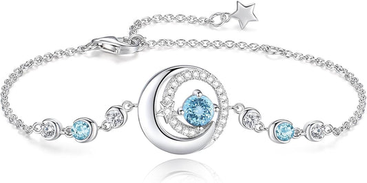 FANCIME Birthstone Bracelets 925 Sterling Silver Moon and Star Bangle Charm Bracelet Fine Jewelry Birthday Anniversary Christmas Day Gift for Her Women, Adjustable Chain 6.7"+1.2" Extend