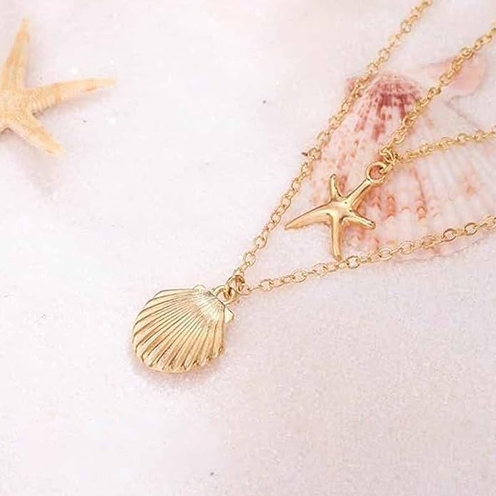 Gold Starfish Necklace for Women Beach Jewelry Accessories Sea Shell Beach Necklace Layered Starfish Pendant Beachy Ocean Necklaces Boho Cowrie Seashell Summer Necklaces Jewelry Gifts Trendy Stuff