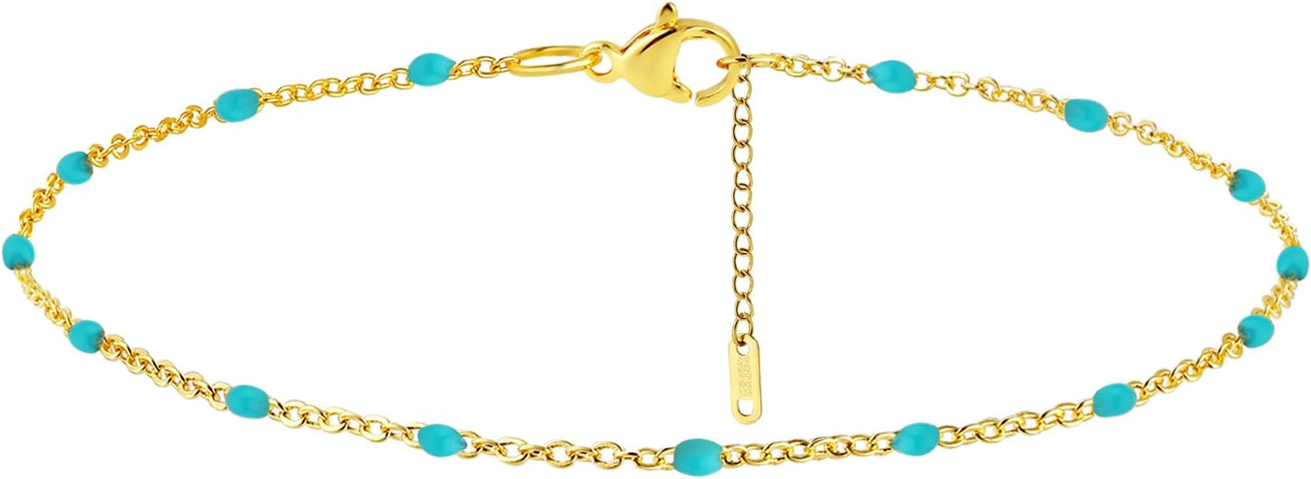 Dainty Ankle Bracelets for Women 18K Gold Plated Satellite Beaded Herringbone Chain Anklets Simple Lip Chain Anklet Minimalist Summer Beach Foot Jewelry Christmas