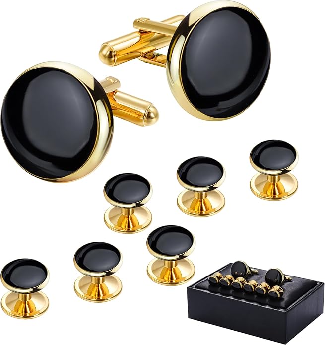 HAWSON Men’s Cufflinks and Tuxedo Studs Set with Gift Box; Men’s Jewelry or Accessories Suitable for Black Suit White Shirts Vest and Red Bow tie on Wedding or Anniversary and Birthday