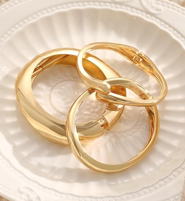Chunky Gold Bangle Bracelets for Women, Dainty 14k Gold Plated Big Stackable Bangles Set, Trendy Statement Cuff Bracelet Stack Fashion Jewelry Gifts