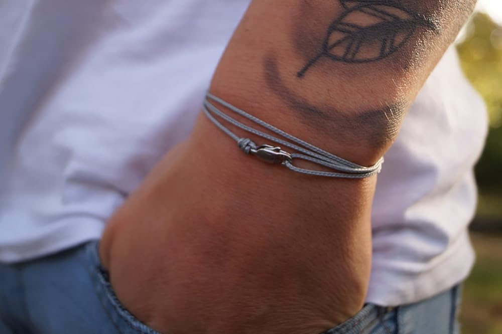 Made by Nami Nautical Rope Bracelet for Men Waterproof & Adjustable Wrap String Bracelets with Snap Hook Gift for Him (Grey Silver)
