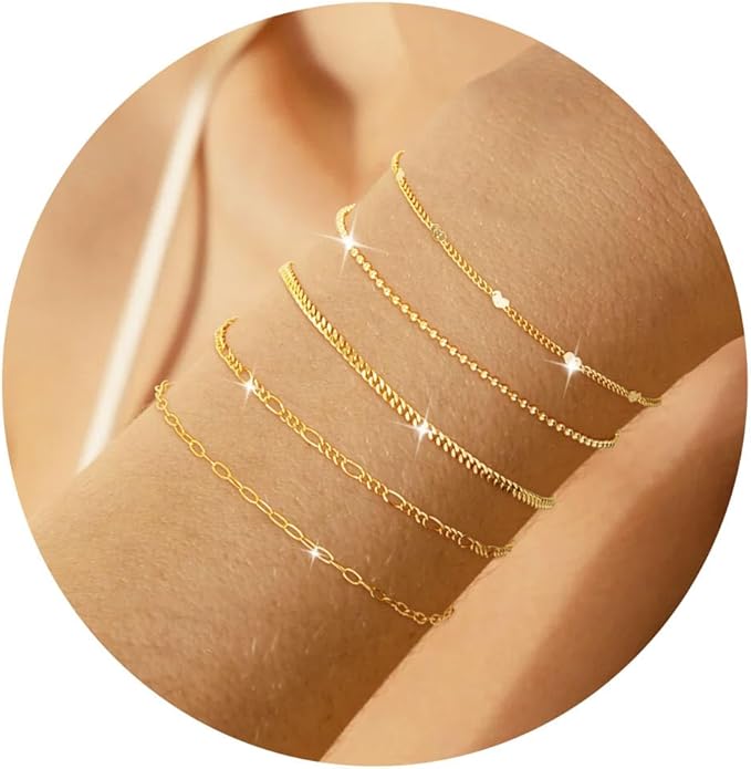 Gold Bracelets for Women Non Tainish,Dainty Bracelets Stack for Women Trendy, Gold Plated Cuff Bracelets Stack With Beaded Cuban Paperclip Snake Rope Bangle Hand Chain Jewelry Gifts for Women