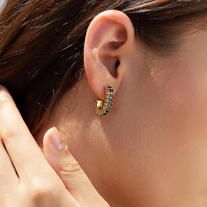 Green Crystal huggie gold hoop earrings for women Girls,14K Gold Plated with 925 Sterling Silver Post color Cubic Zirconia dainty cute Earrings| CZ Stud Earring