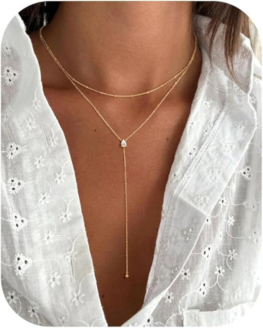 M MOOHAM Gold Lariat Necklace for Women - Dainty 14K Gold Plated Y-Shaped Long Drop Necklace Pearl Cross Clover Butterfly Cubic Zirconia Charm Layered Necklaces for Women Simple Jewelry Gifts