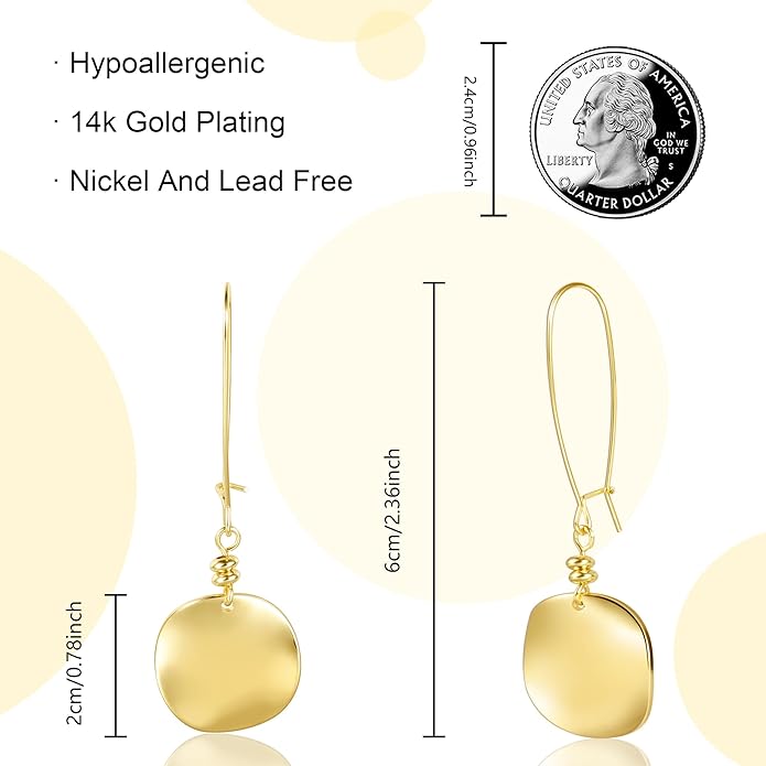 14K Gold Dangle Earrings for Women，Lightweight Circle Disc Coin Geometric Flat Brushed Drop Earrings, Hypoallergenic Leverback Earrings S925 Jewelry