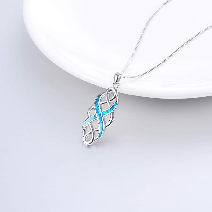 YFN Irish Celtic Knot Created Opal Pendant Necklace Sterling Silver Black Necklaces for Women Men 18"