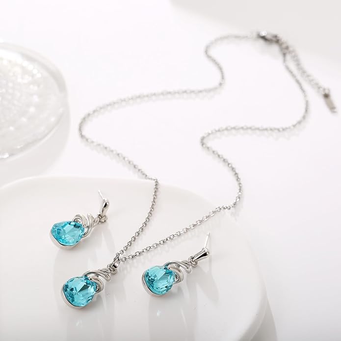 RUOFFETA Teardrop Crystal Jewelry Set, Birthstone Pendant Necklace Drop Dangle Earrings for Women