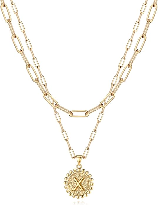 Yoosteel Gold Initial Necklaces for Women, 14K Gold Plated Dainty Layering Paperclip Link Chain Necklace Coin Initial Layered Necklaces for Women Personalized Birthday Gifts