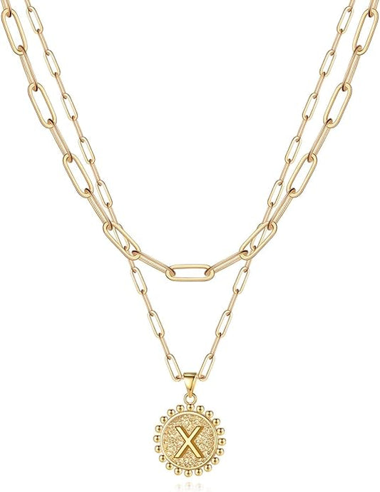 Yoosteel Gold Initial Necklaces for Women, 14K Gold Plated Dainty Layering Paperclip Link Chain Necklace Coin Initial Layered Necklaces for Women Personalized Birthday Gifts
