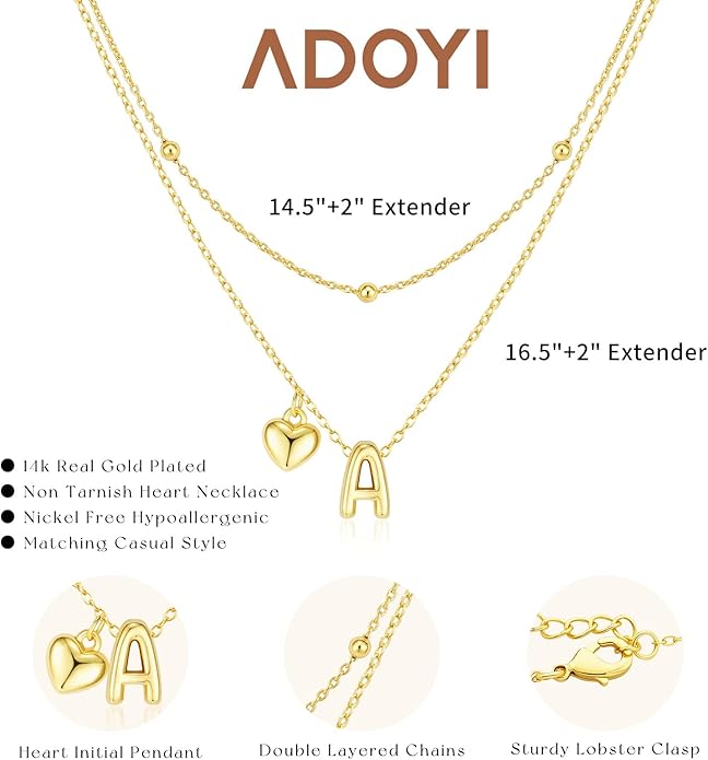 adoyi Gold Necklace for Women Layered Bubble Heart Letter Initial Necklaces for Women Trendy Jewelry 14K Gold Plated Chain Chunky Name Necklace Stack Charm A-Z Pendant Set Jewelry Gifts
