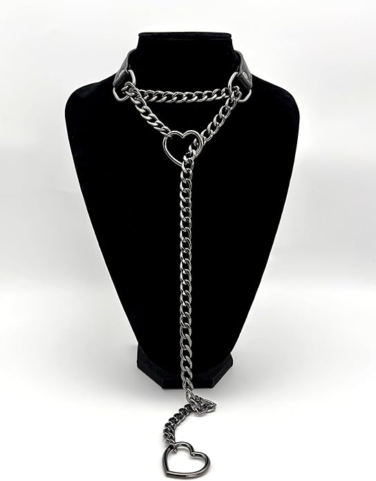 Black Leather Choker Collar For Women, Handmade Heart Slip Chain Choker Long Necklace with Adjustable Buckle