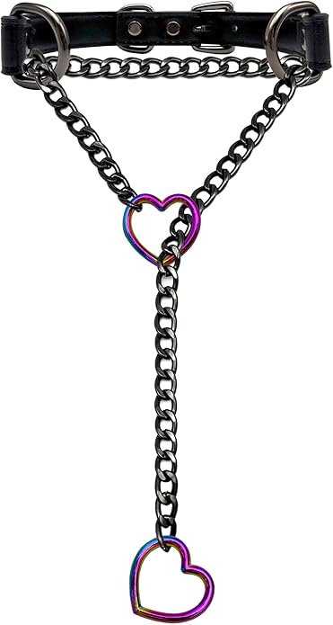 Black Leather Choker Collar For Women, Handmade Heart Slip Chain Choker Long Necklace with Adjustable Buckle