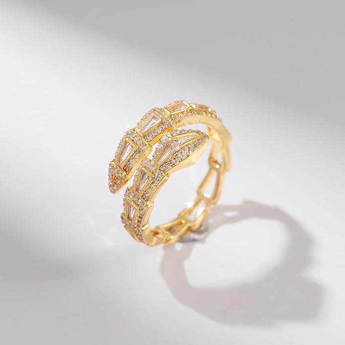 Aura & lrena Adjustable Snake Rings for Wome, 18K Gold or Platinum Plating Open-Ended Ring with AAA Cubic Zirconia Fashion Jewelry, Statement Gift Design Rings for Men and Women Non Tarnish