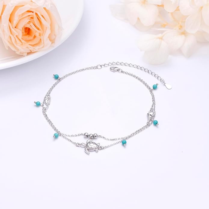 FLYOW Anklet for Women S925 Sterling Silver Adjustable Foot Beaded Heart Charm Ankle Bracelet Anklets Jewelry