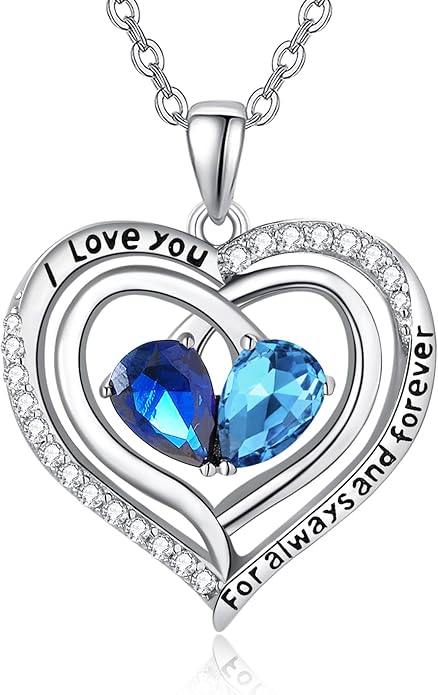 Zeuslia Double Birthstone Necklace Gifts for Wife - 925 Sterling Silver Sunflower/Rose/Crown Cross/Compass/Heart Pendant I Love You Necklace, Anniversary Birthday Gifts for Wife Girlfriend Mom Her