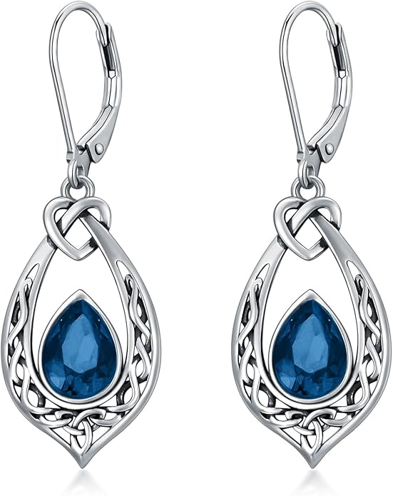 Celtic Knot Dangle Earrings 925 Sterling Silver Oxidized Vintage Drop Leverback Earrings with 8 * 6mm Simulated Birthstone Crystal Christmas Jewelry Gifts for Women (Gift Box)