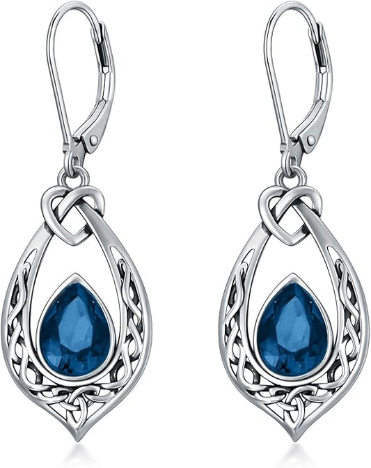 Celtic Knot Dangle Earrings 925 Sterling Silver Oxidized Vintage Drop Leverback Earrings with 8 * 6mm Simulated Birthstone Crystal Christmas Jewelry Gifts for Women (Gift Box)