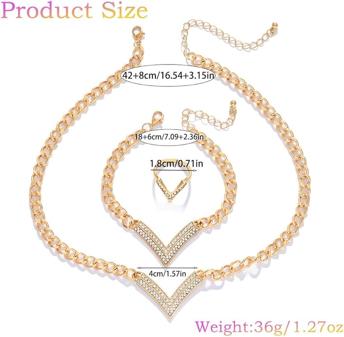 Dmaiy Gold Rhinestones Necklace Set Punk Crystal Bracelet Sets Geometric V-shape Necklace Bridal Ring Set for Women