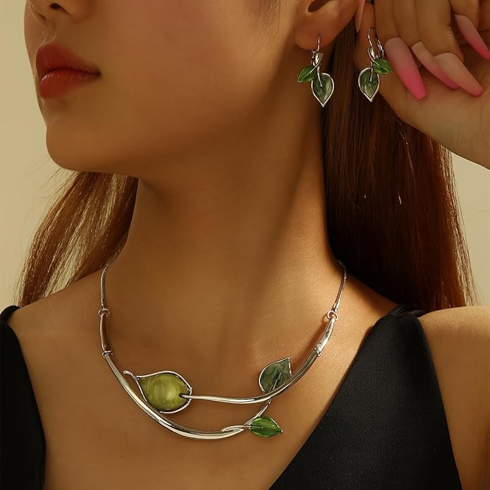 Chunky Statement Jewelry Set Vintage Retro Leaf Flower Floral Geometric Bohemian Boho Bib Necklace Earring Set Fashion Costume Jewelry for Women Girls Wedding Party Prom Unique Gift