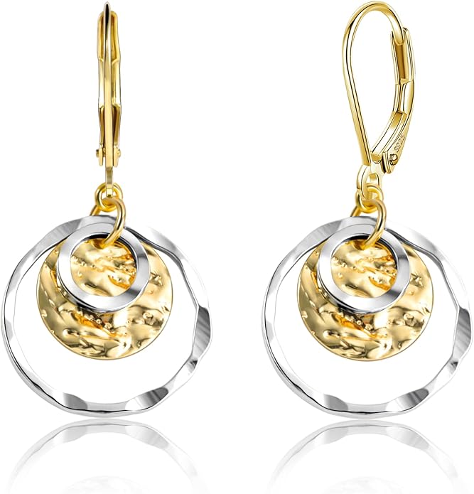 Sterling Silver Disc Leverback Earrings for Women Gold and Silver Circle Drop Dangle Earrings Jewelry Hypoallergenic Hammered Leverback Dangle Earrings for Gifts