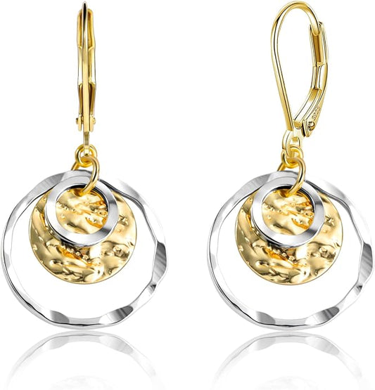 Sterling Silver Disc Leverback Earrings for Women Gold and Silver Circle Drop Dangle Earrings Jewelry Hypoallergenic Hammered Leverback Dangle Earrings for Gifts