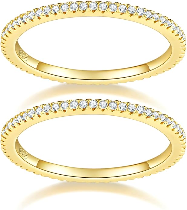 MINDDHA 14K Gold Plated- Cubic Zirconia Simulated Diamond Stackable Eternity Bands/Silver, Gold Rings for Women- 1.5mm, 2mm Stacking Rings for Oura Gen 4/Oura Gen 3, Size 4-12