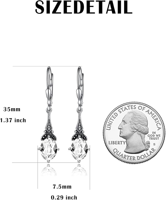 AOBOCO Vintage Earrings for Women Sterling Silver Retro Drop Dangle Leverback Earrings with 8x6mm Oval Genuine or Simulated Birthstone Crystal from Austria, Anniversary Jewelry Gifts for Her Women
