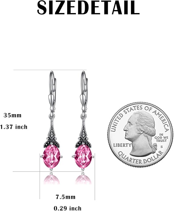 AOBOCO Vintage Earrings for Women Sterling Silver Retro Drop Dangle Leverback Earrings with 8x6mm Oval Genuine or Simulated Birthstone Crystal from Austria, Anniversary Jewelry Gifts for Her Women