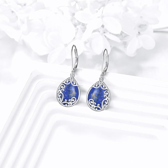 Filigree Earrings Sterling Silver Teardrop Moonstone Moss Agate Lapis Lazuli Larimar Emerald Peridot Opal Dangle Dangly Drop Leverback Earrings Boho Jewelry Gifts for Women