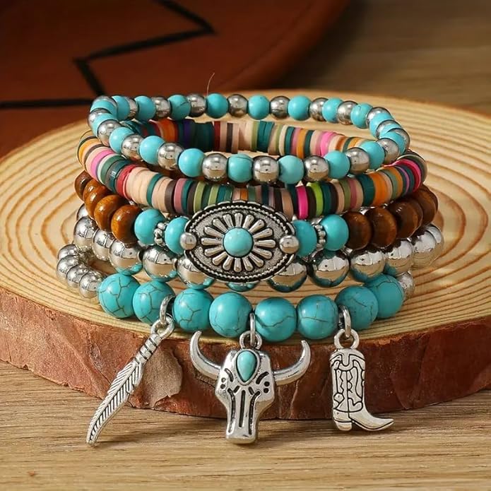 ONLYJUMP Bohemian Mix Bead Multi Layer Versatile Bracelets Set Boho Turquoise Stackable Beaded Strand Stretch Bangles Bracelets Statement Bangle Boho Jewelry Set