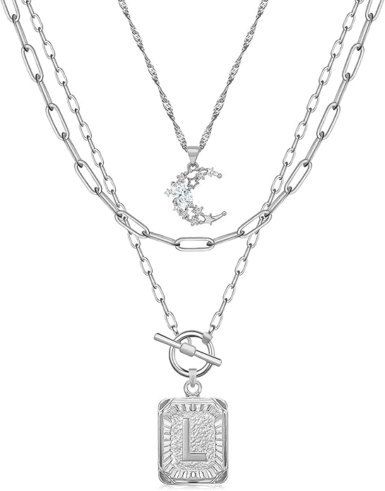 MJartoria Layered Initial Necklaces for Women Trendy, 14K Gold Plated Brass Simple Moon Choker Square Letter Pendant Necklace, Paperclip Chain Necklaces Jewelry Gifts