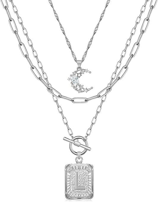 MJartoria Layered Initial Necklaces for Women Trendy, 14K Gold Plated Brass Simple Moon Choker Square Letter Pendant Necklace, Paperclip Chain Necklaces Jewelry Gifts