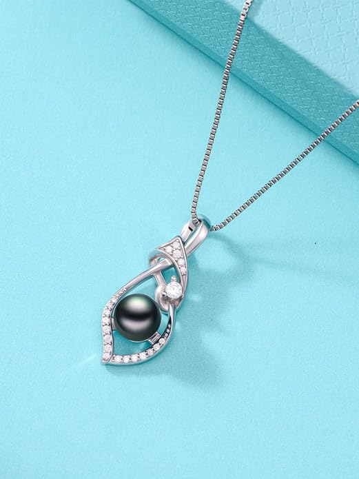 KANNSOAR Tahitian Black Pearl AAAA 18K White Gold Plated Sterling Silver Trendy Pendant Necklace for Women Wife Mom Girlfriend Valentine Her Jewelry Gift for Anniversary Birthday