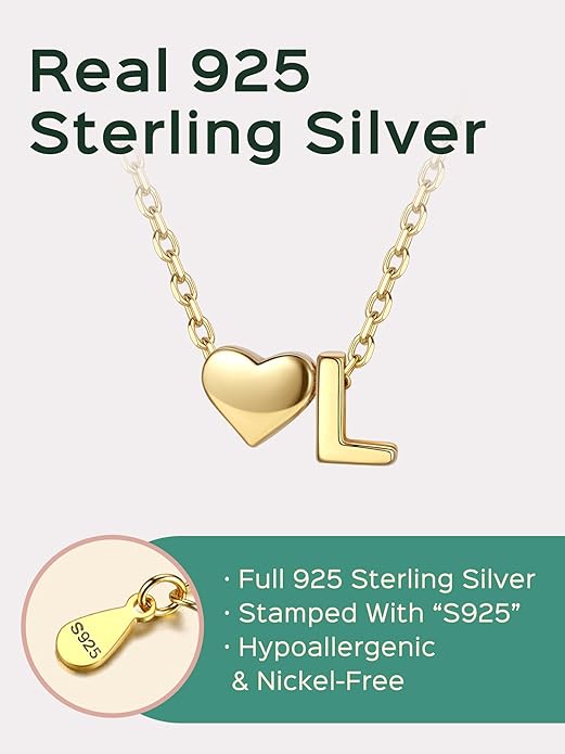 ChicSilver 925 Sterling Silver Heart Initial Necklaces for Women -Dainty Personalized Heart Pendant Letter Alphabet Necklace for Women