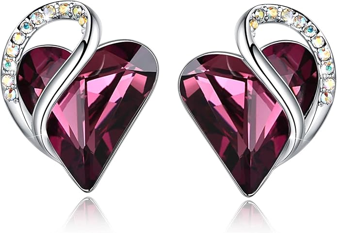 Earrings for Women, Mothers Day Gift for Mom, Heart Birthstone Crystal Stud Earring, Silver Plated Birthday Jewelry