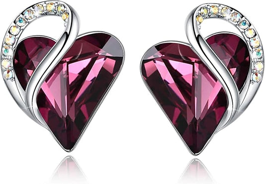 Earrings for Women, Mothers Day Gift for Mom, Heart Birthstone Crystal Stud Earring, Silver Plated Birthday Jewelry