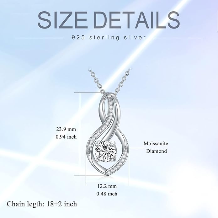 ZBA Natural Diamond Infinity Necklace for Women, 14K White Gold Plated Sterling Silver Diamond Eternal inifnity Pendant Necklaces Jewelry, Birthday Christmas Gifts for Mom Her Wife(Color F-G/Clarity I1-I2)