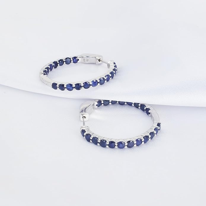 Hoop Earrings with 40 Colored Gemstones, Birthstone Earrings, 925 Sterling Silver Rhodium Plated, Push Back Closure, 1.18'