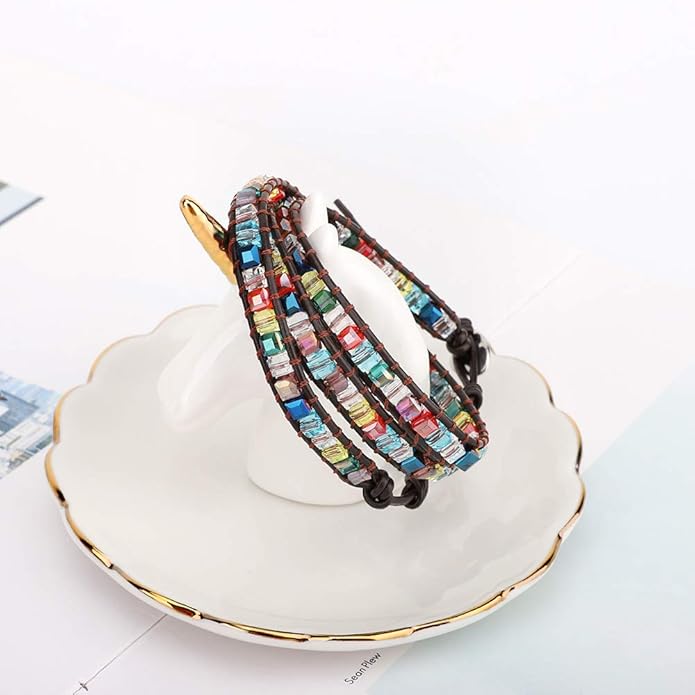 Emibele Layered Leather Bracelet, Rivet Leopard Print Bohemian Style Multilayer Wrap Bracelet, Handmade Agate Amethyst Chakra Crystal Glass Beaded Shell Bracelet for Women