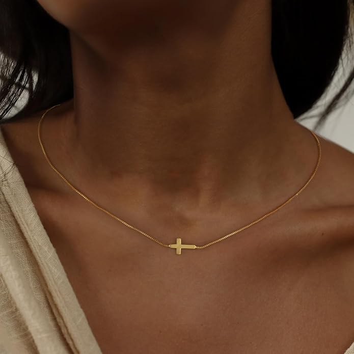 Cross Necklace for Women 14K Gold Silver Plated Dainty Small Cross Pendant Choker Simple Trendy Cute Cross Charm Chain Necklace Easter Basket Stuffers Baptism Religious Faith Jewelry Gift