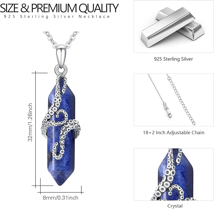 OHAYOO Octopus Tentacles Necklace 925 Sterling Silver Octopus Pendent Necklace Wrapped Obsidian Octopus Jewelry Gifts for Women