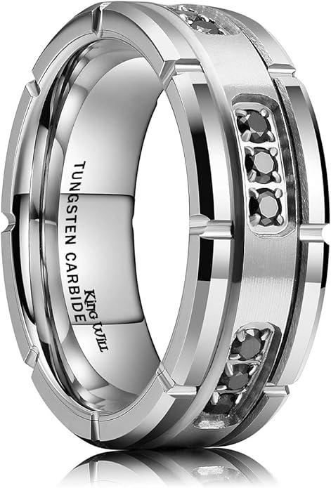 King Will Mens Tungsten Wedding Band with Cubic Zircon Inlay 7mm/8mm Flat Cut Comfort Fit Engagement Rings