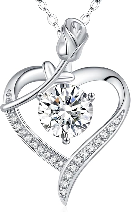 Rose Heart Pendant Necklace for Wife Moissanite Lab-Created Gem Jewelry for Women I Love You Wedding Anniversary Birthday Christmas Valentines Engagements Mothers Day for Her Girlfriend Mom Daughter