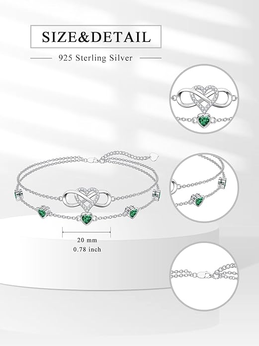 Dorunmo 925 Sterling Silver Infinity Heart Birthstone Anklet Bracelets for Women Best Mother's Day Birthday Jewelry for Wife Girlfriend Mom Her