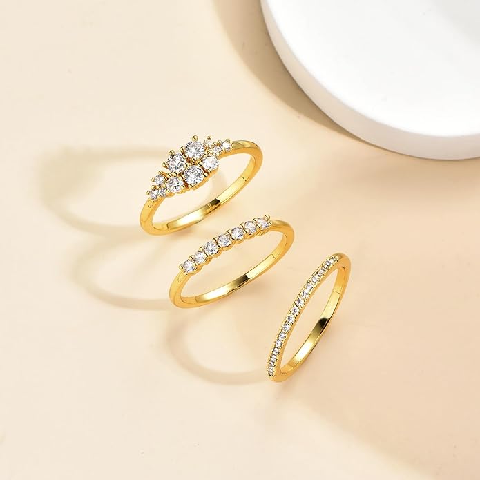 Stackable Gold Rings for Women Non Tarnish Dainty 14K Gold Plated 3PCS Cubic Zirconia Thumb Ring Set Trendy Statement Promise Wedding Bands Engagement Rings Size 6 7 8 9 10