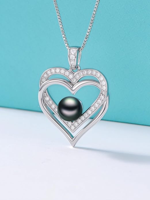 KANNSOAR Tahitian Black Pearl AAAA 18K White Gold Plated Sterling Silver Heart Pendant Necklace for Women Wife Mom Girlfriend Valentine Her Jewelry Gift for Anniversary Birthday Christmas