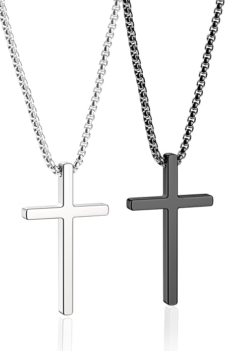 Romass 2 Pcs Cross Necklace for Men Boys,Stainless Steel Pendant Silver Black Gold Crosses Chain Jewelry Gifts Box 16-30 inches